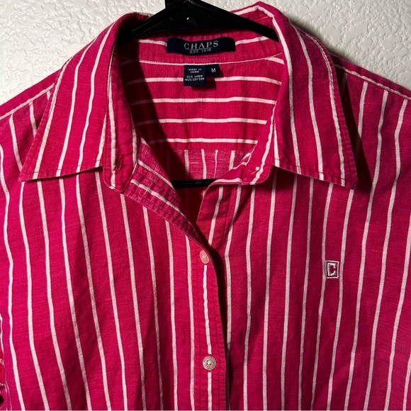 Chaps Barbie Pink Academia 3/4 Sleeve, Striped, Button Down, Preppy Shirt - Picture 2 of 7
